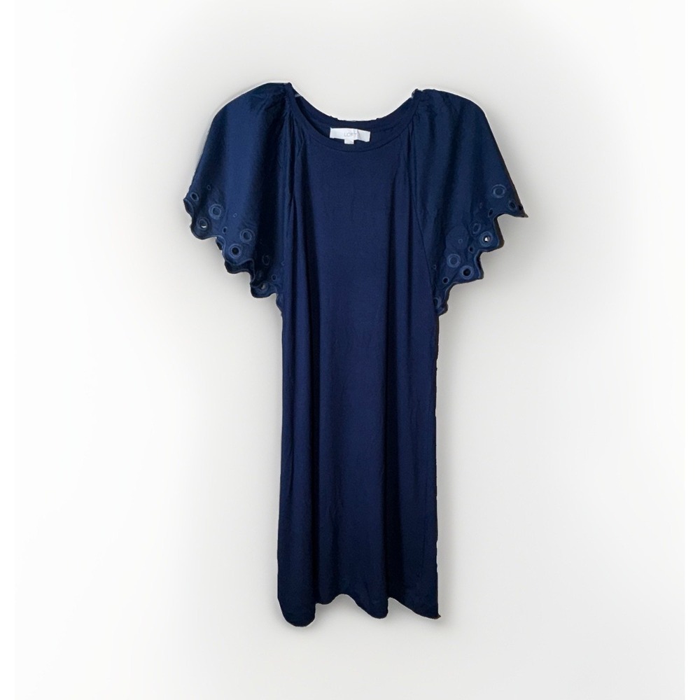 LOFT Navy Blue Flutter Sleeve Eyelet Jersey Dress Woman's Size XS NWT